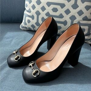 Gucci Horsebit Block Heel Black Leather Classic Pumps Size EU 36.5